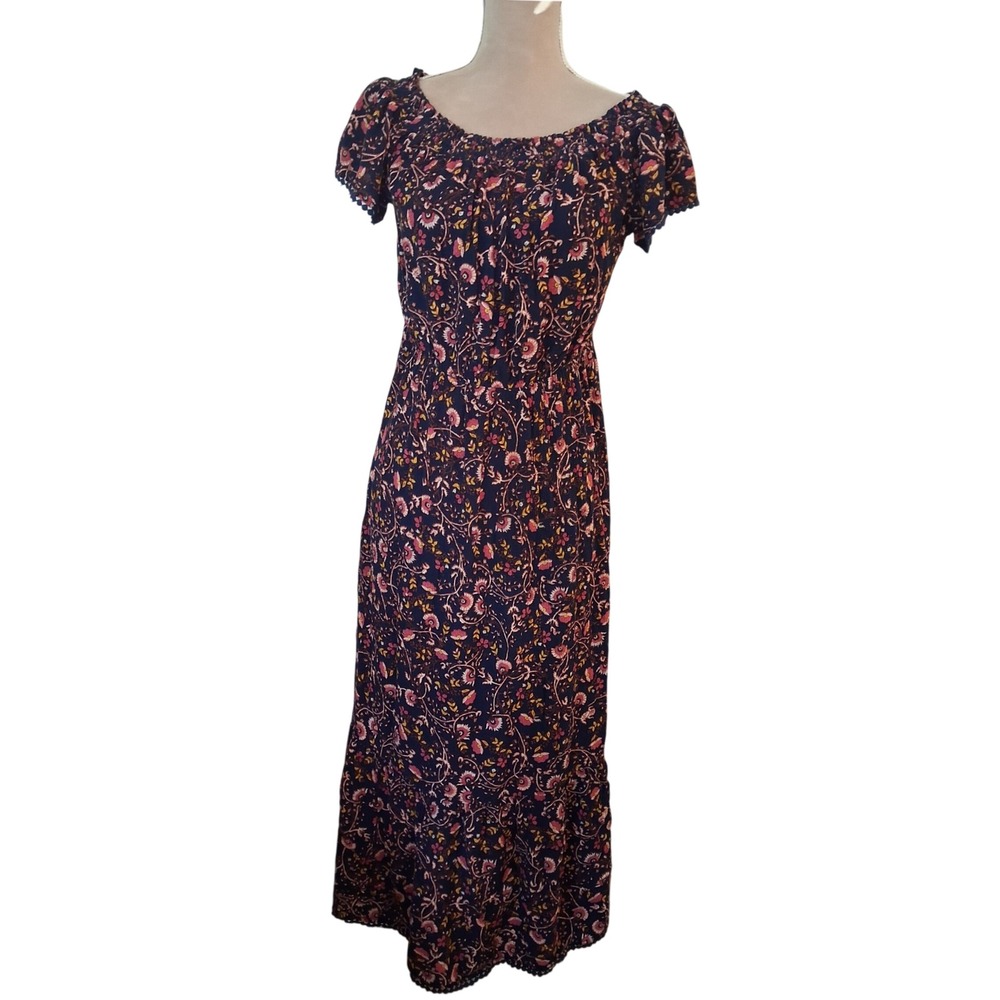 Old Navy Womens Navy Floral Smocked Maxi Dress Short Sleeve Pom Trim Size M